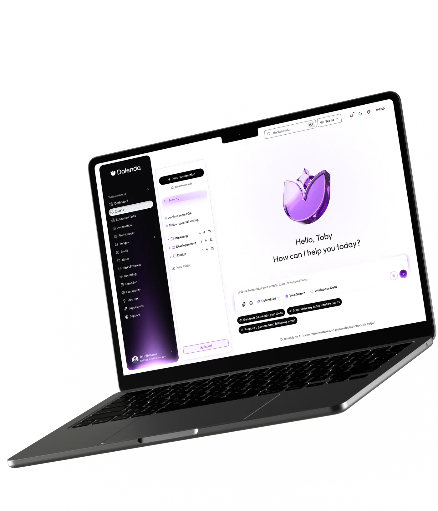 Application de bureau Dalenda ouverte sur le chat IA, avec le menu des modules à gauche