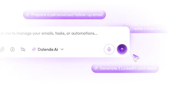 Chat IA de Dalenda avec des suggestions d'actions : préparer un e-mail de relance, créer une liste de tâches